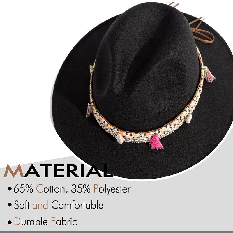 Gossifan Women's Felt Fedora Hat Wide Brim Panama Hats with Tassel-Black - Image 2